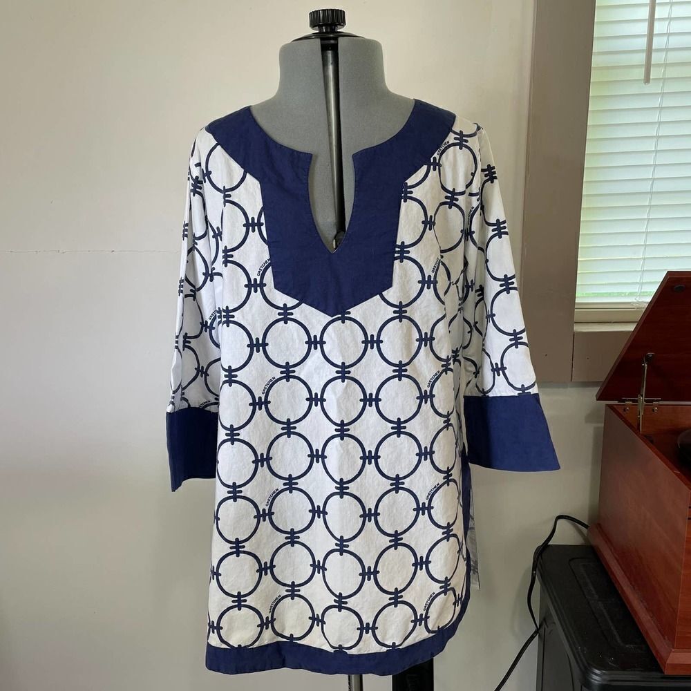 Gretchen Scott Geometric Print Blue White Tunic Shirt Size Small